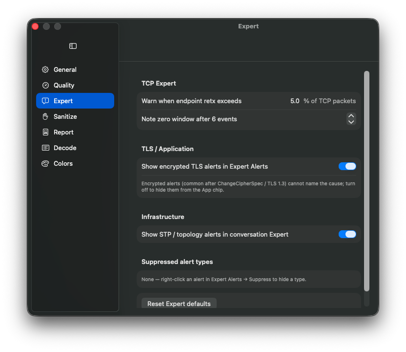 Settings, Expert pane
