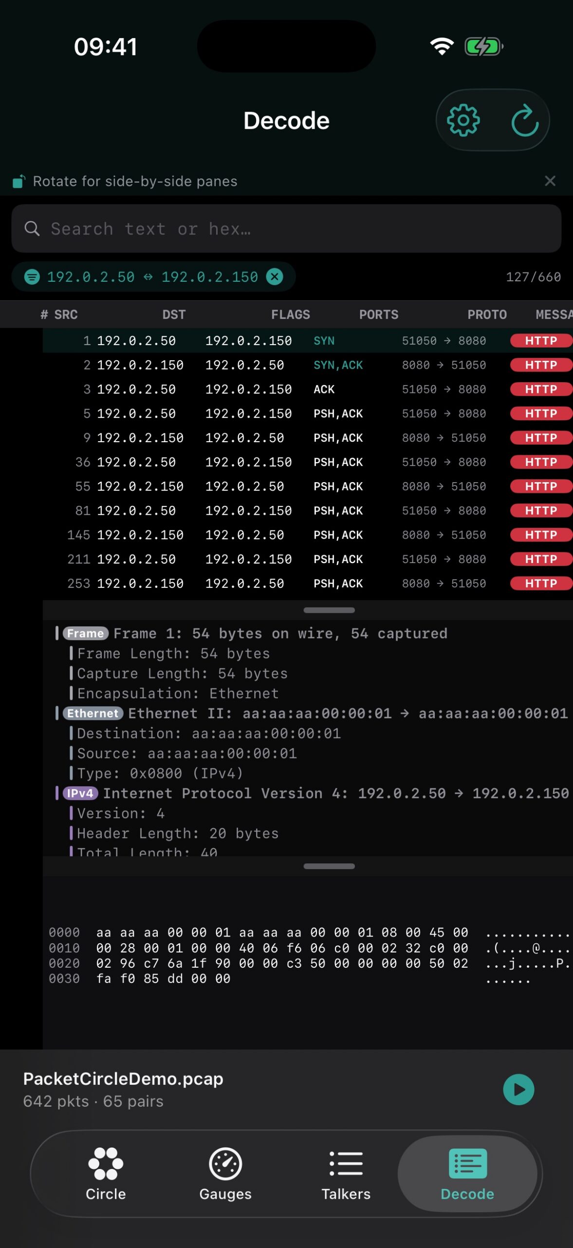 Decode: packet list, details tree and hex dump