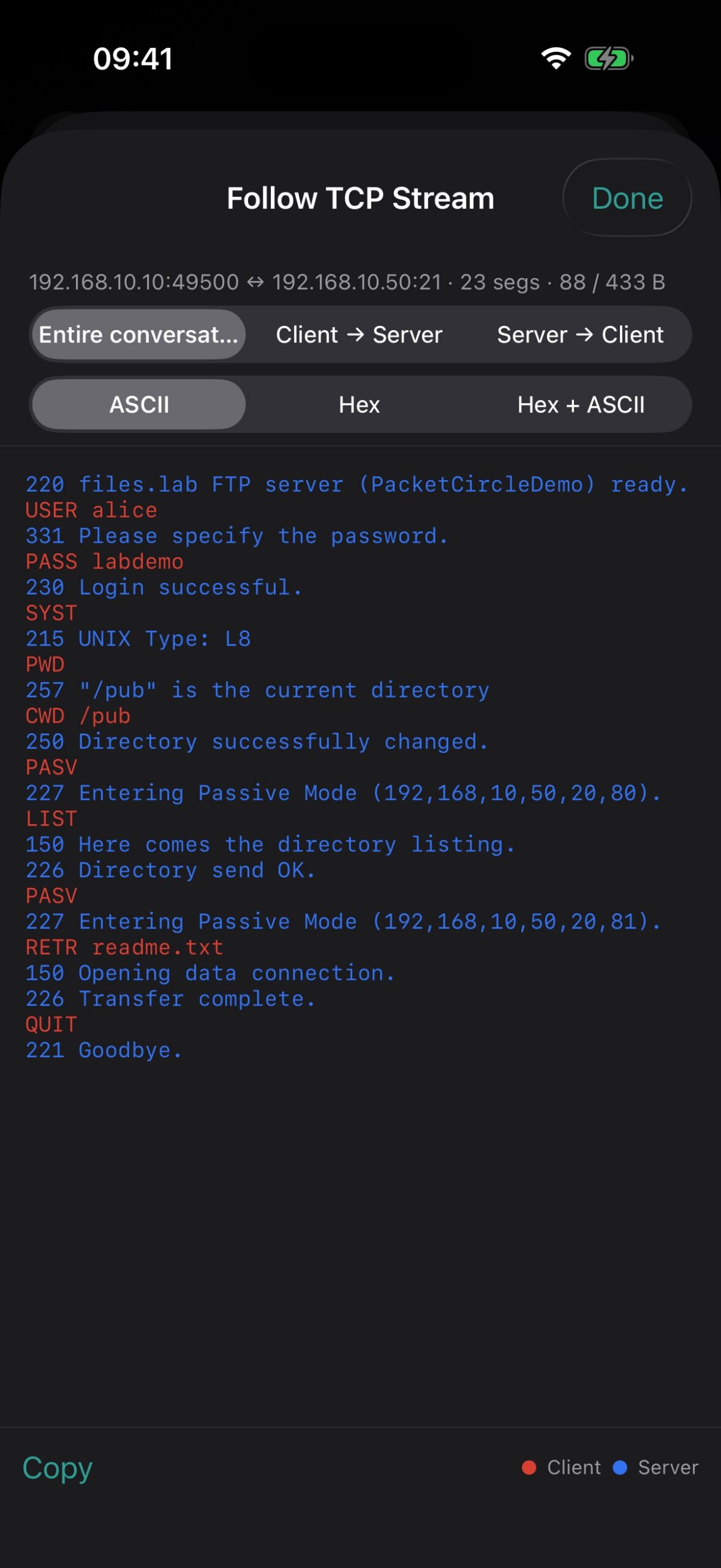 Follow TCP Stream: reassembled FTP session with client/server coloring