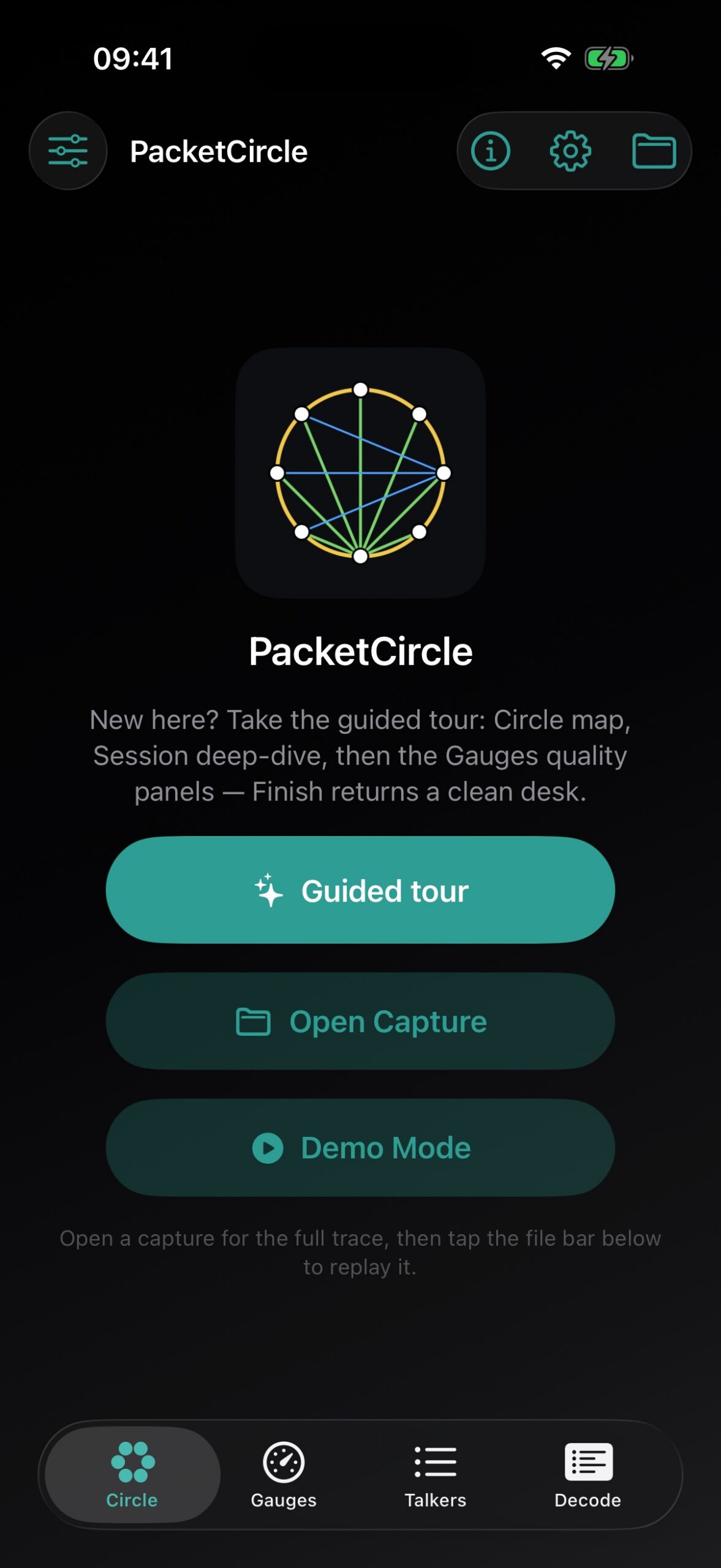 Home screen: Guided tour, Open Capture, Demo Mode
