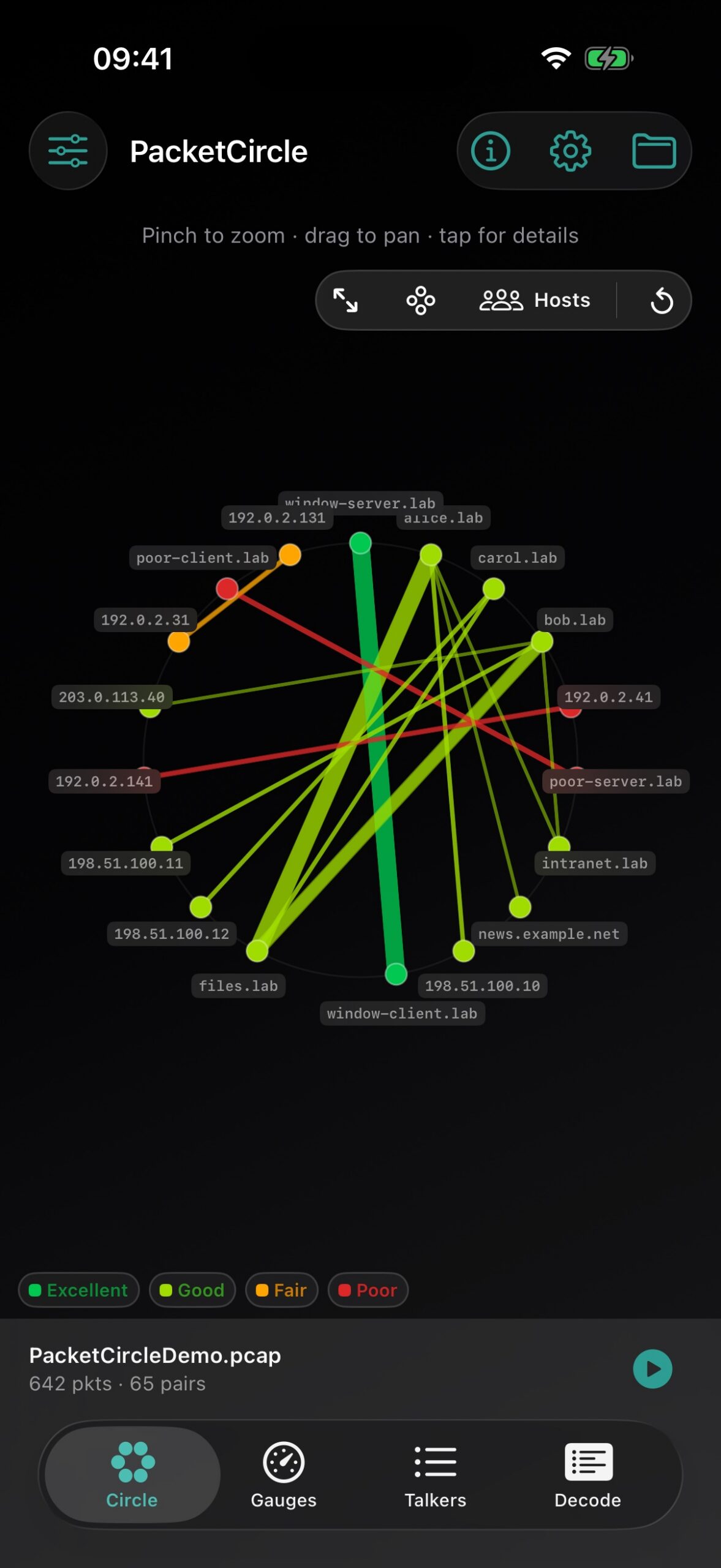 Quality view: same hosts ring, edges colored by TCP session health