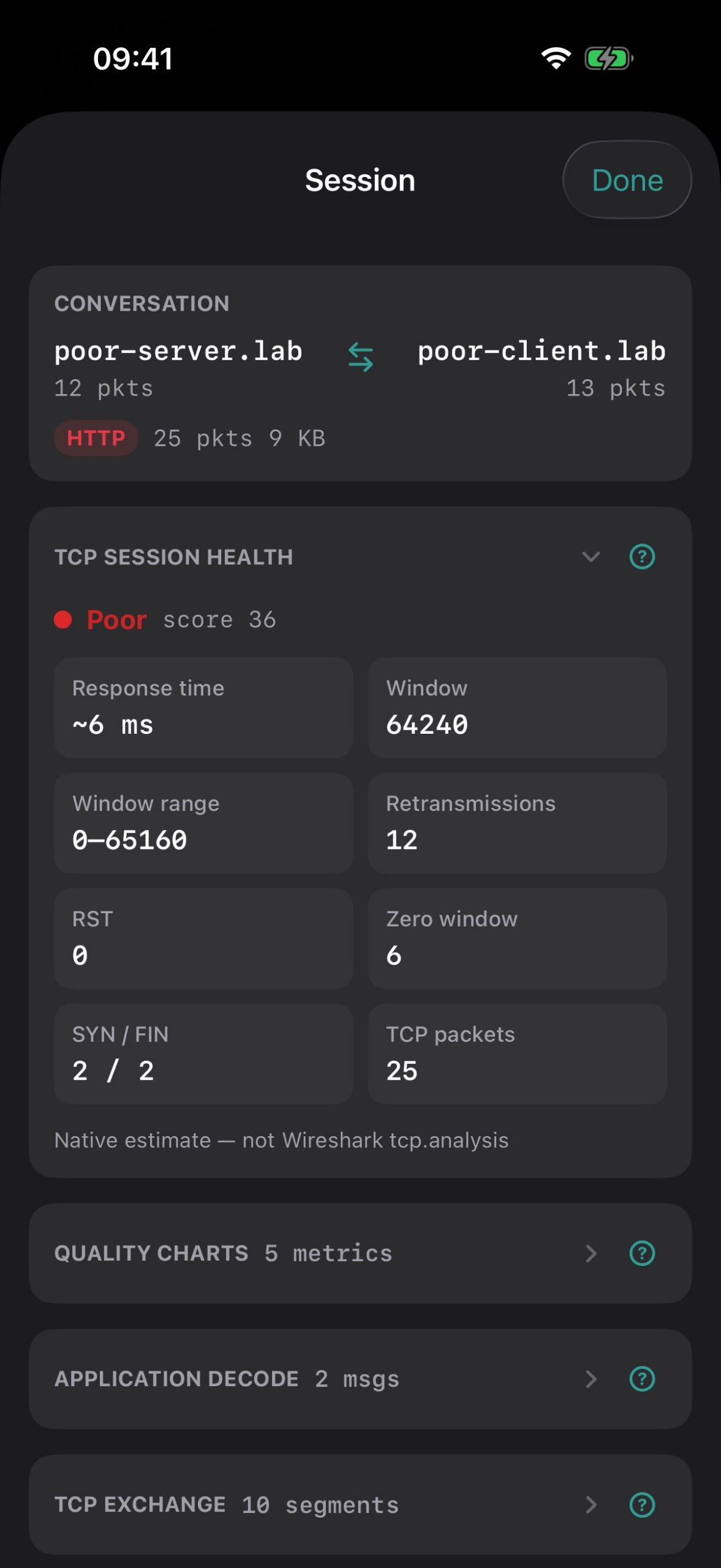 TCP session health: poor score with retransmissions and zero-window events
