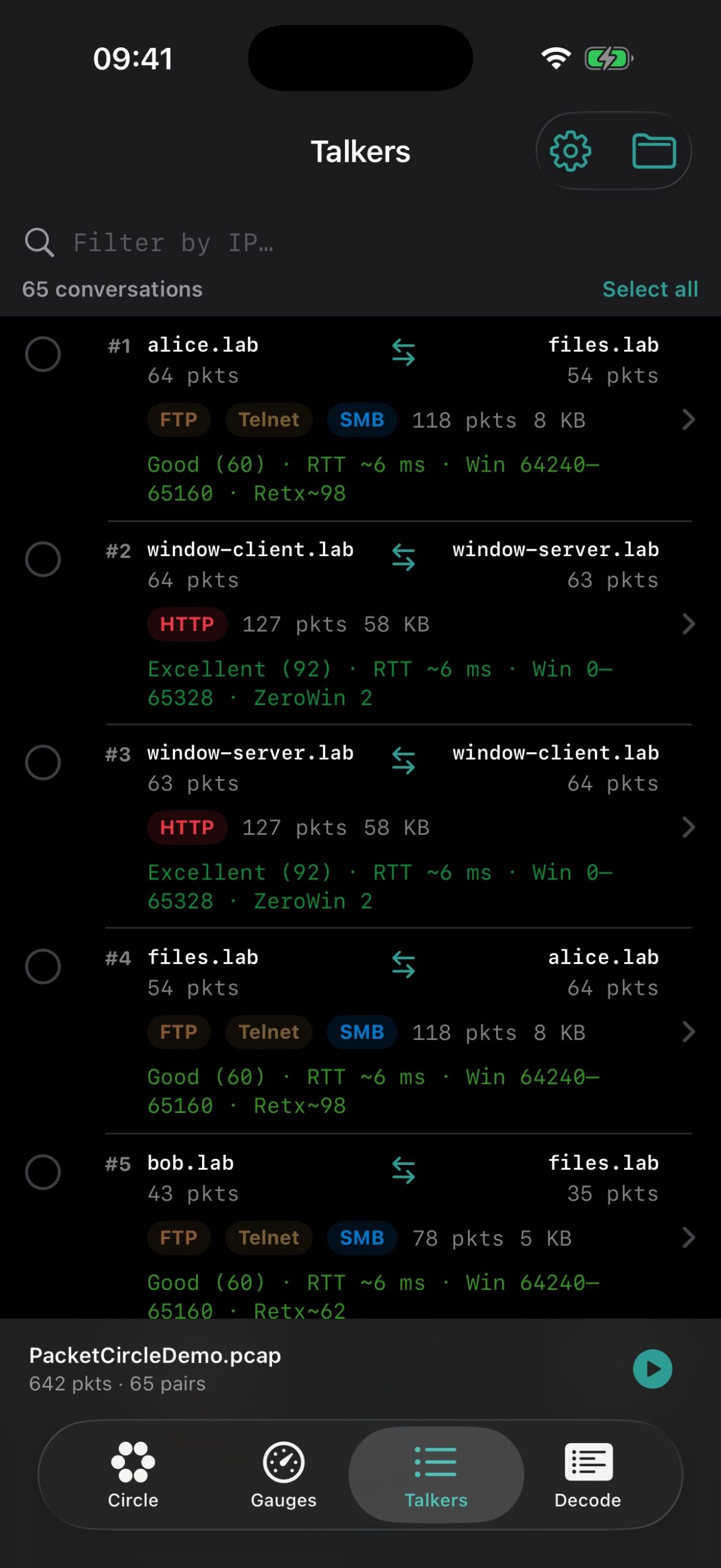 Talkers: conversation list with protocol badges and TCP health grades