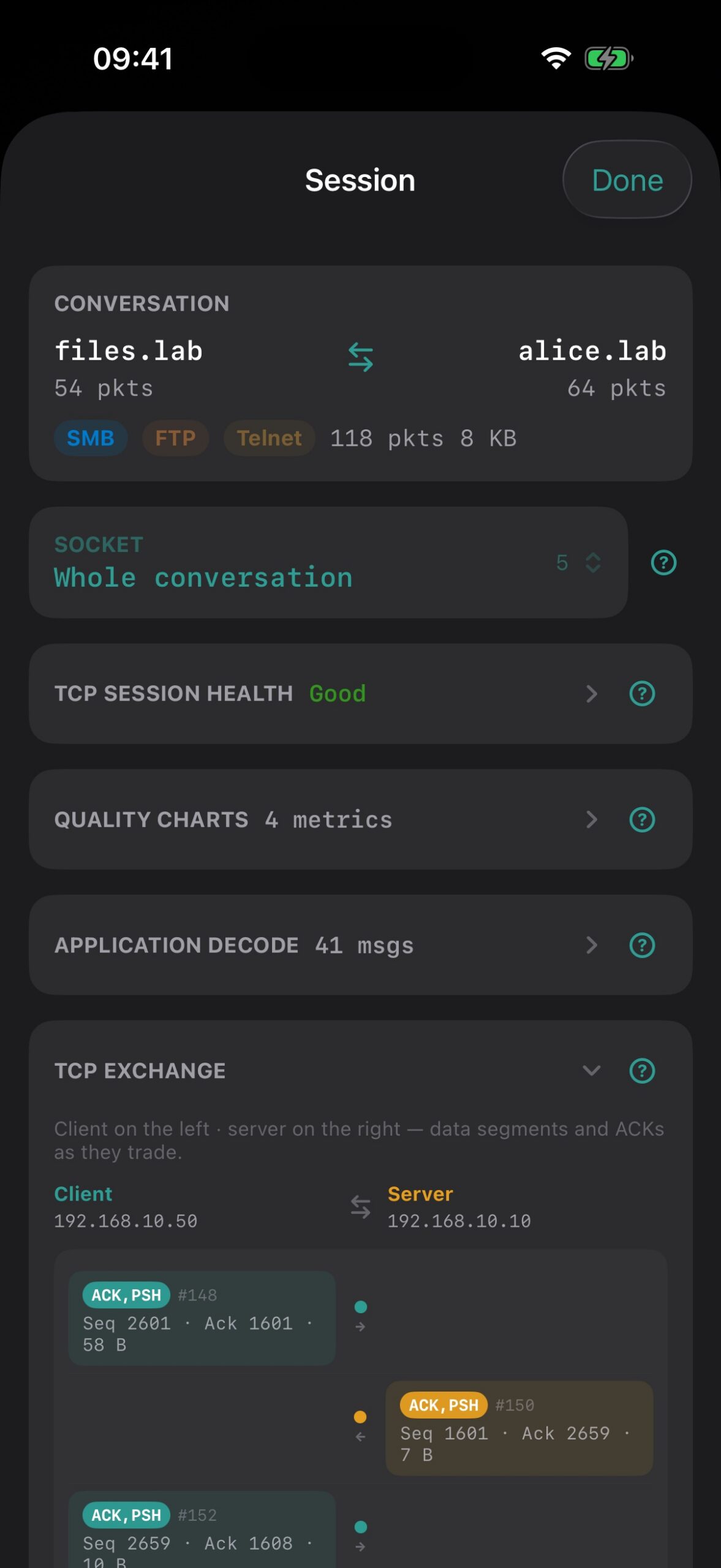 TCP exchange ladder: client and server segments with ACKs