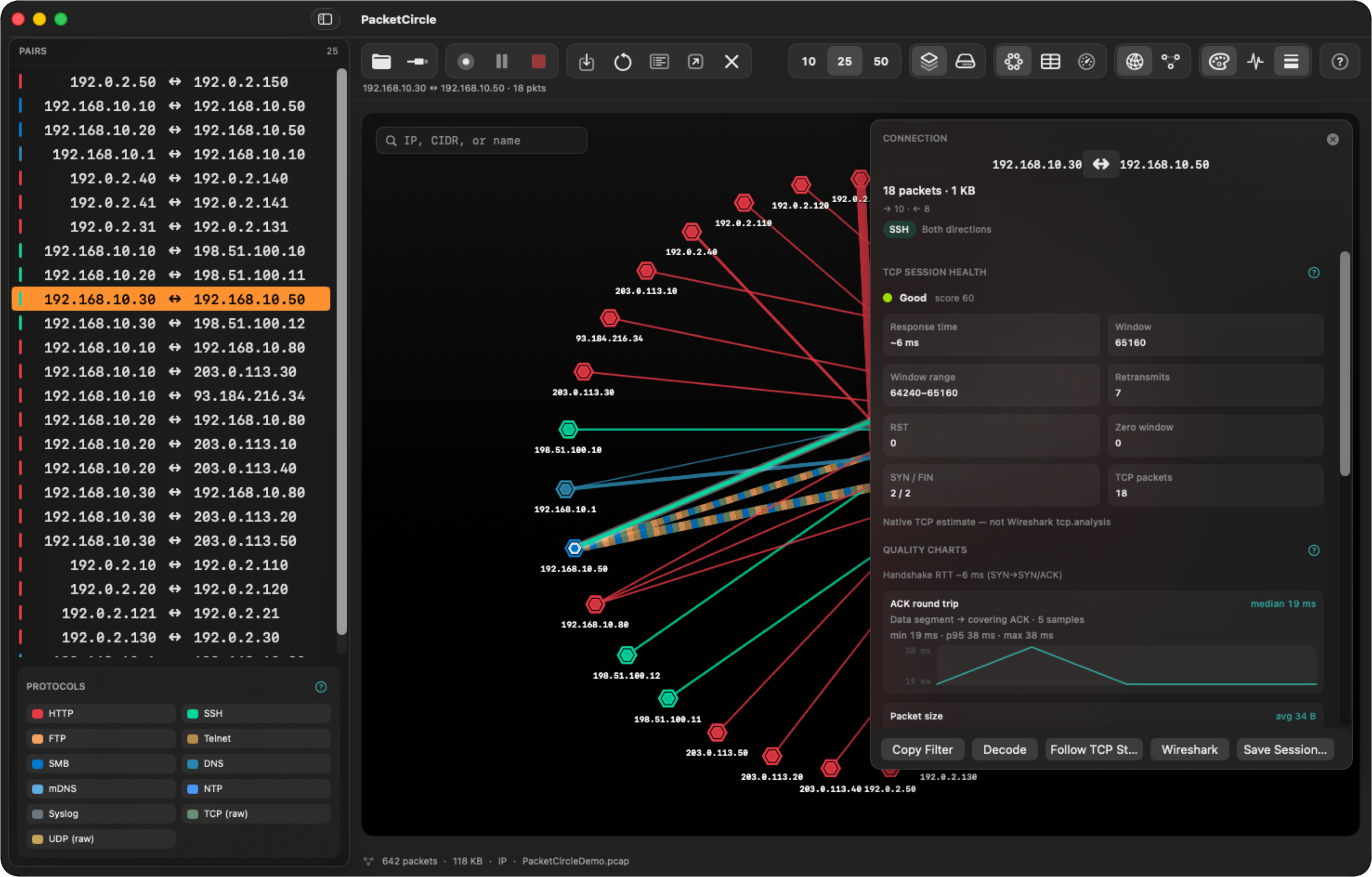 Connection popup with TCP session health and quality charts