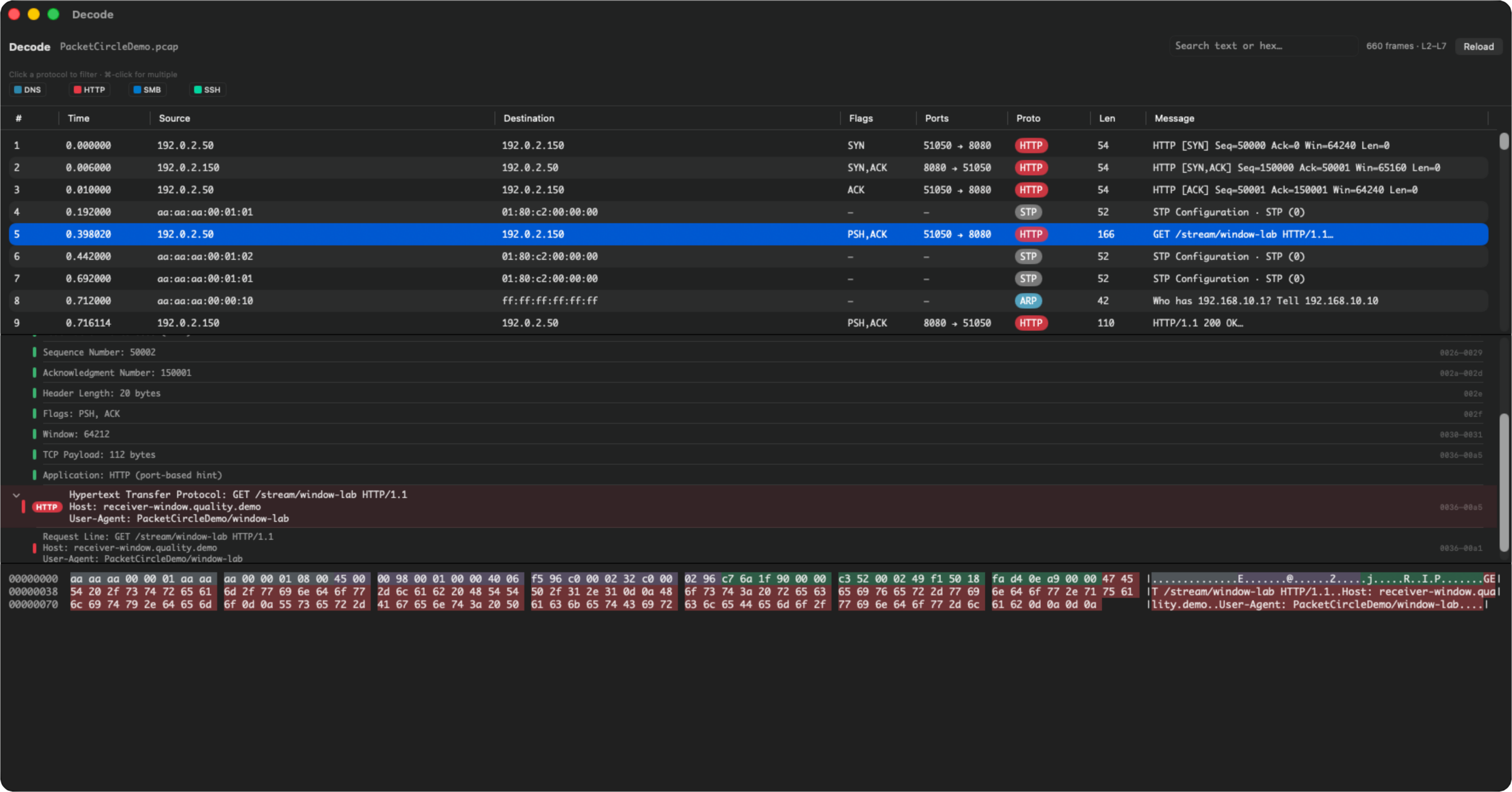 Decode window: filter chips, packet list, protocol tree, hex dump