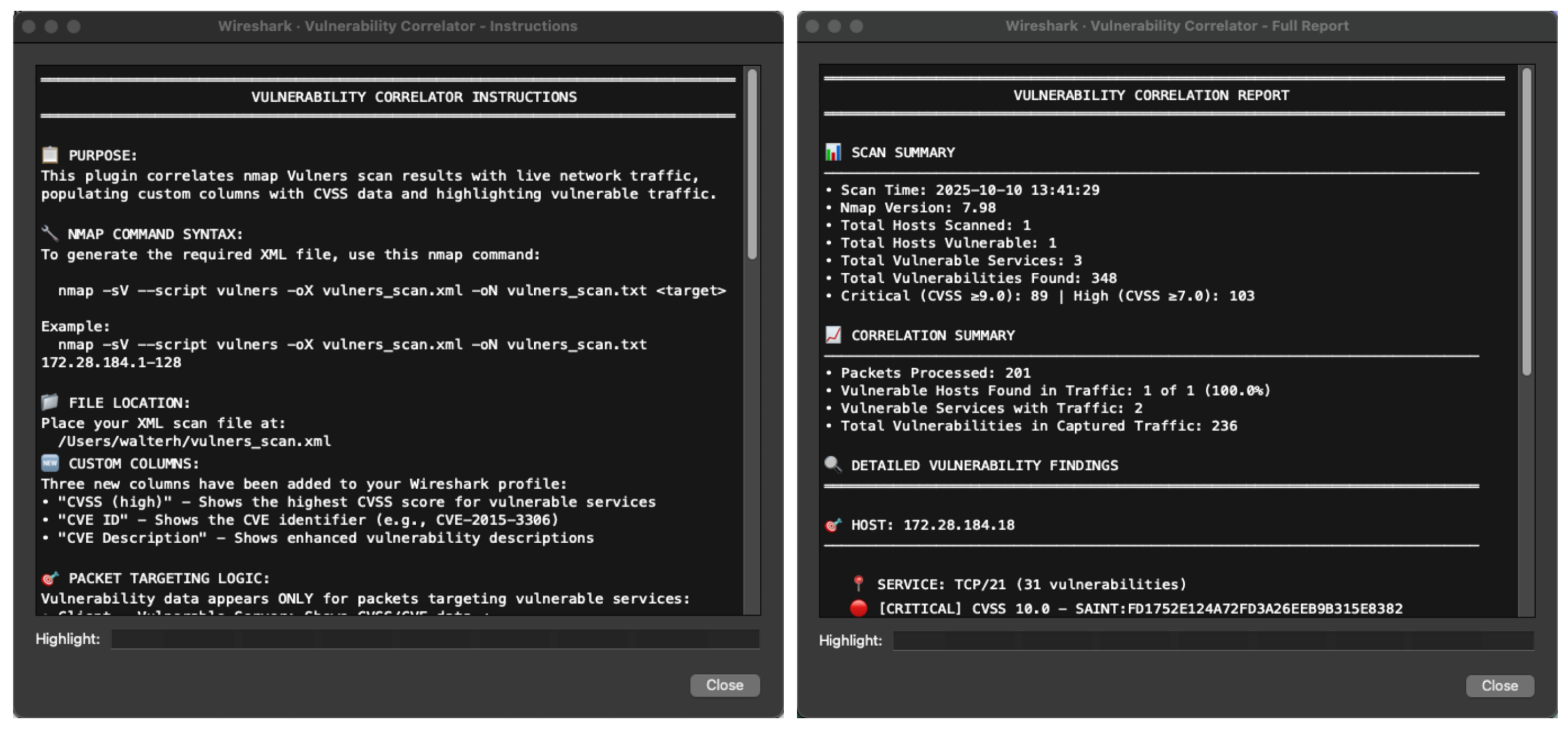 Instructions and report screen