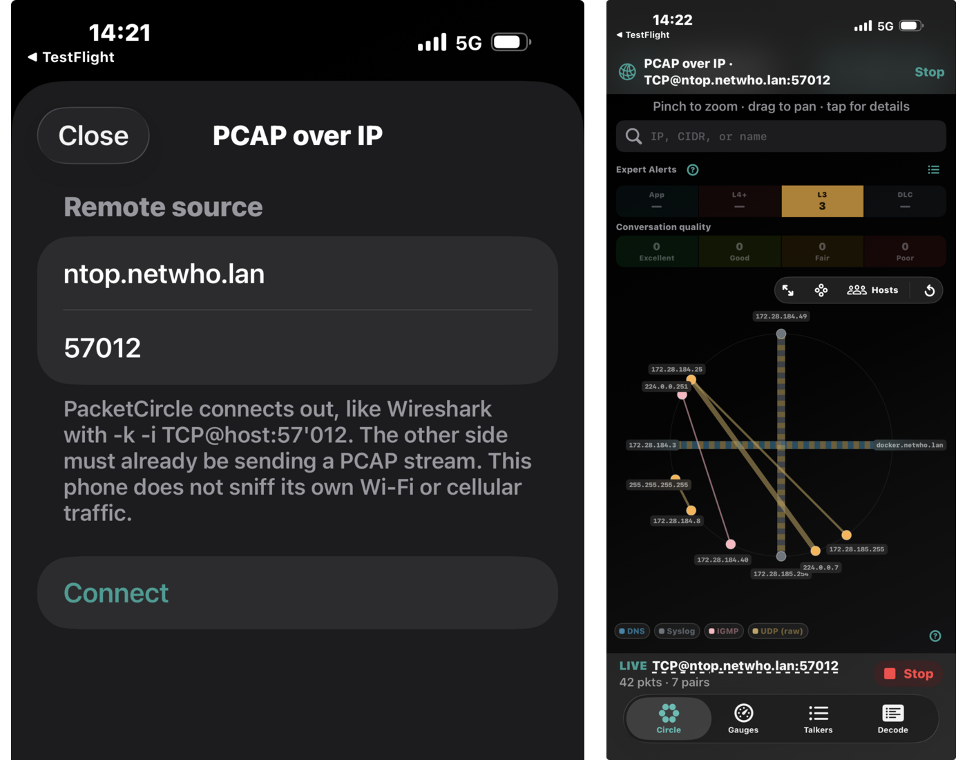 PacketCircle iOS PCAP over IP - connect sheet and live capture on the Circle