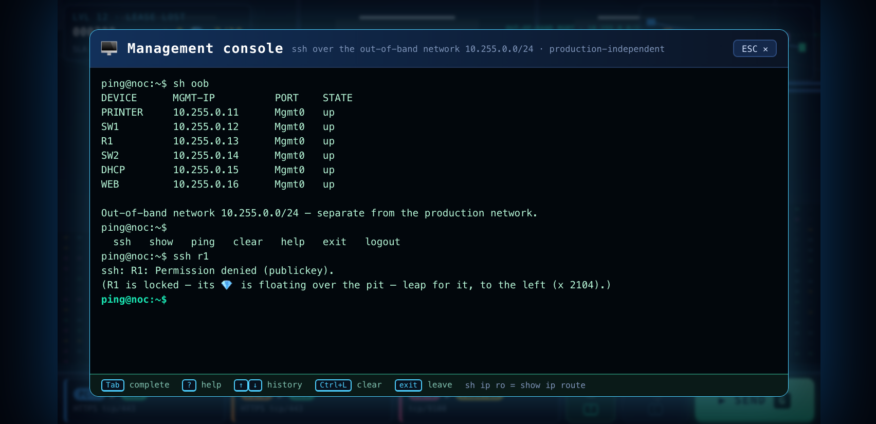 Ping the Networker - SSH management console over the out-of-band network