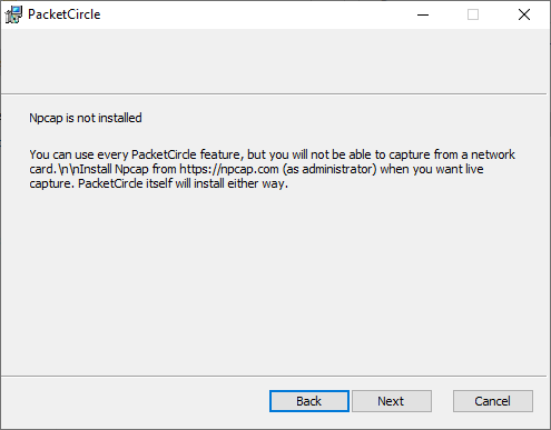 The Windows setup wizard, Npcap notice